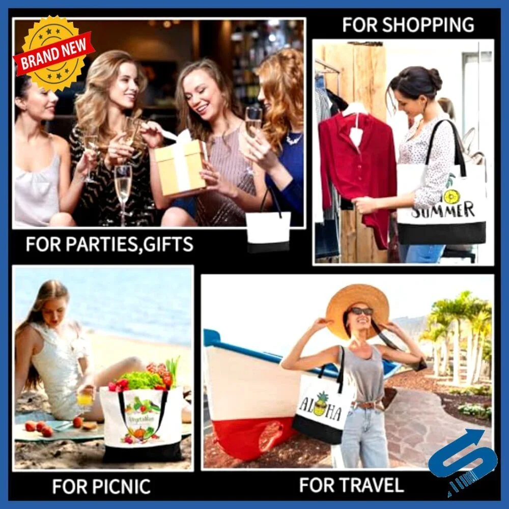 Canvas Tote Bags Zippered Reusable Grocery Shopping Travel Large